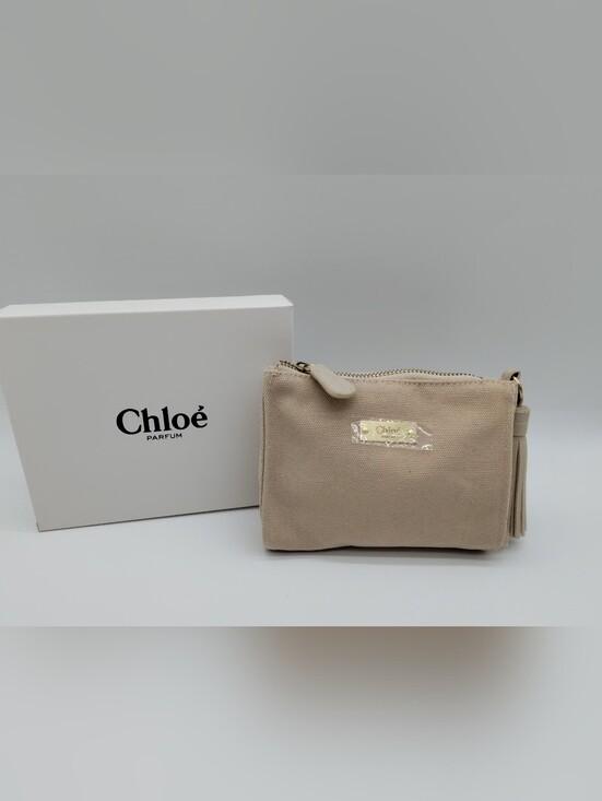 Source Unknown Handbags - CHLOÉ Parfum Canvas Tassel Cosmetic Pouch Beige Beauty Makeup Bag NIB NWT